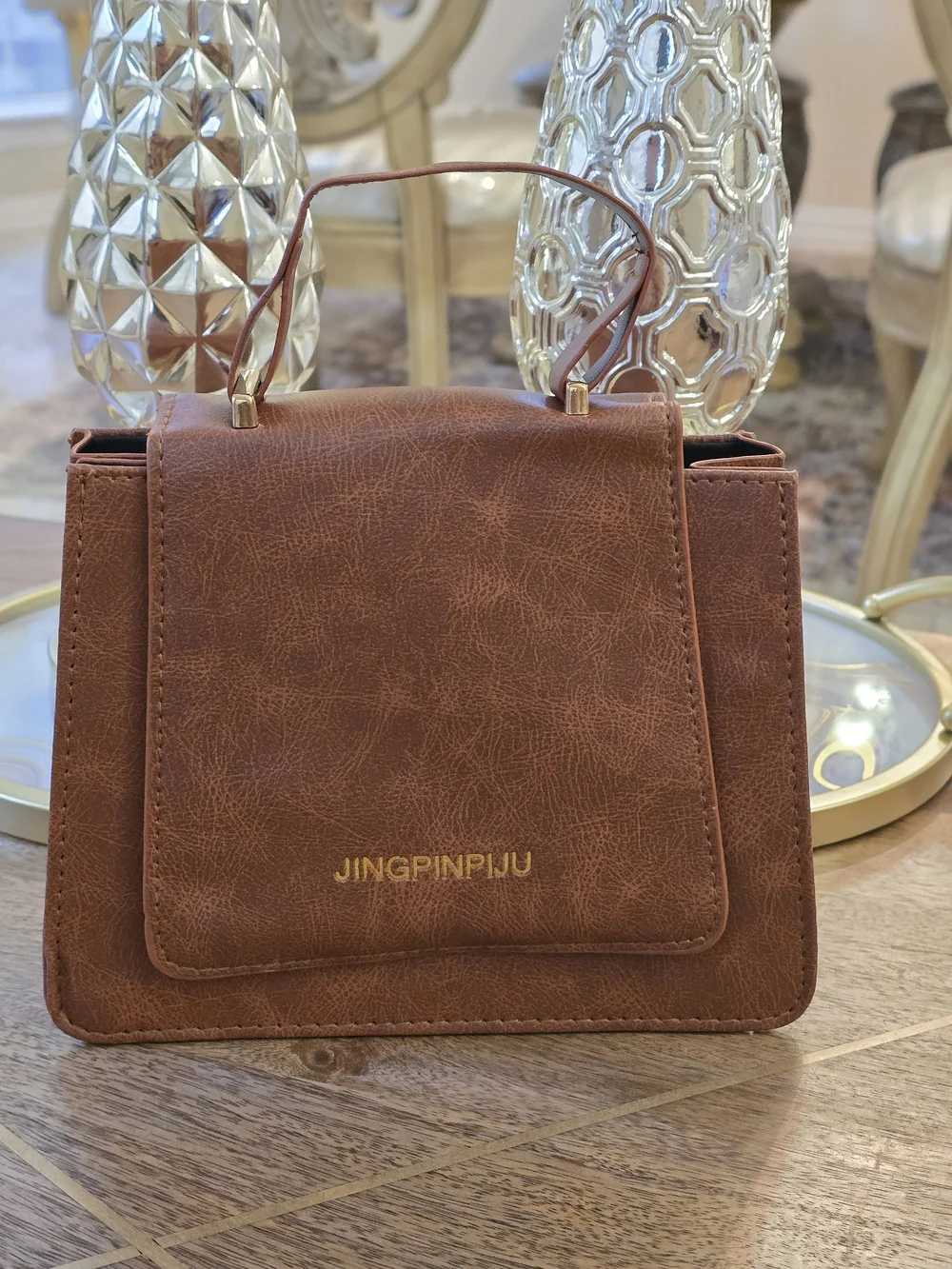 JINGPINPIJU Brown Top-Handle Satchel Bag